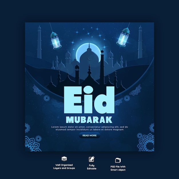 PSD gratuito eid mubarak y eid ul fitr banner de redes sociales o plantilla de publicación de instagram