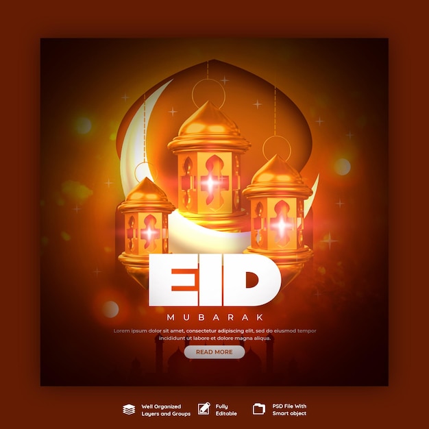 Eid mubarak y eid ul fitr banner de redes sociales plantilla de publicación de instagram