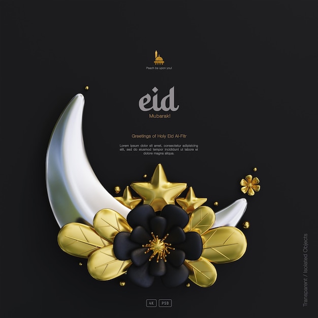 Eid mubarak wenskaart achtergrond met decoratieve schattige 3d flower crescent ornamenten donkere scène