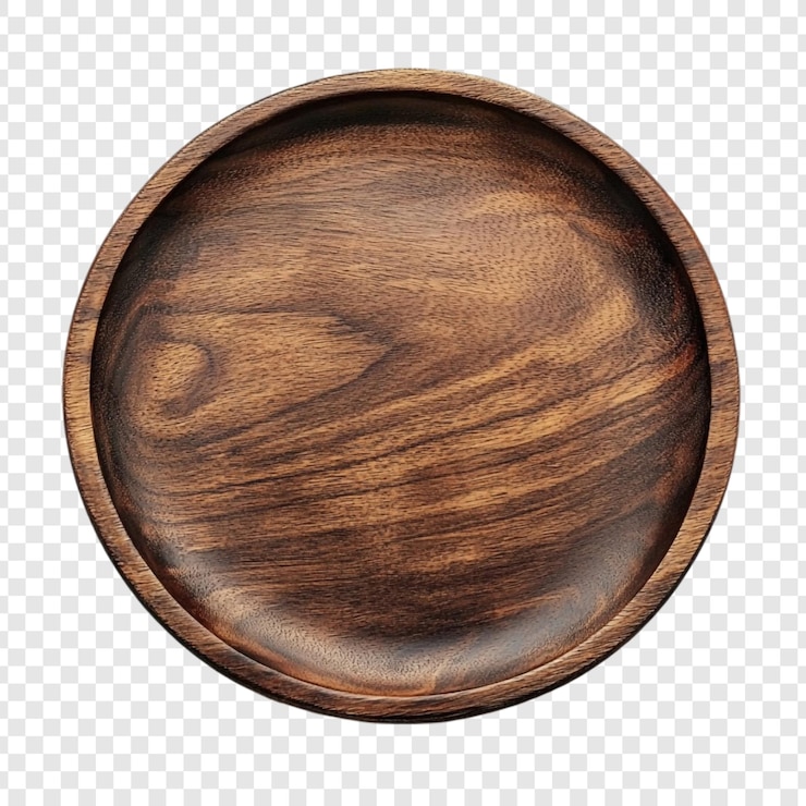 PSD Gratis elegant dark brown wooden plate rustic kitchenware round serving dish natural wood texture home decor tabletop photography circular wooden tray handmade craft