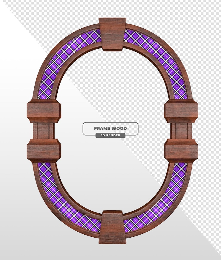 Gratis PSD elegant houten ovaal frame met paarse details 3d-rendering