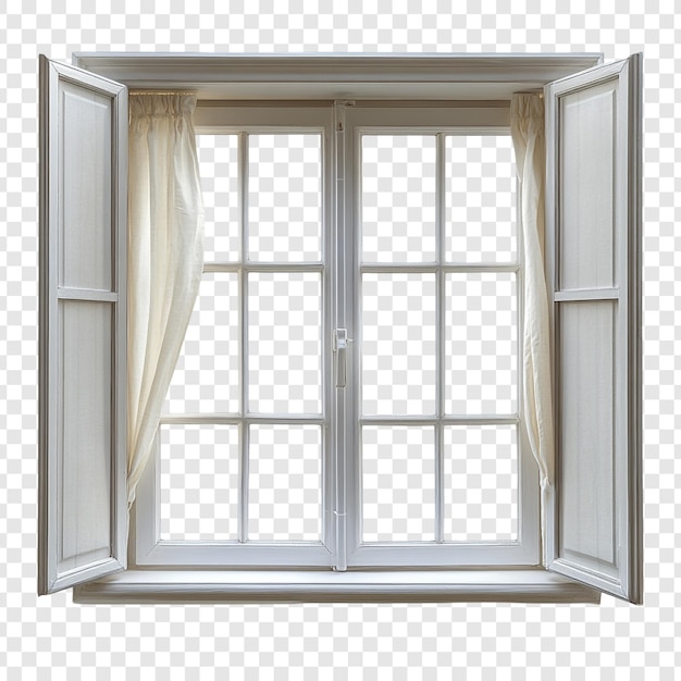 Elegant wit raam met open luiken en doorzichtige gordijnen