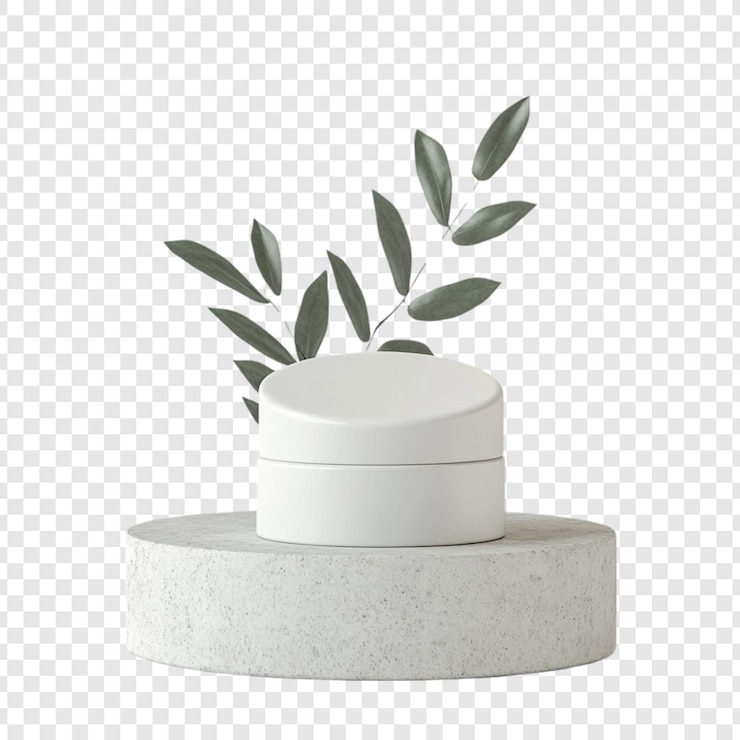 PSD gratuito elegante barattolo di crema bianca su piedistallo di pietra con esposizione di prodotti di bellezza naturale e verde