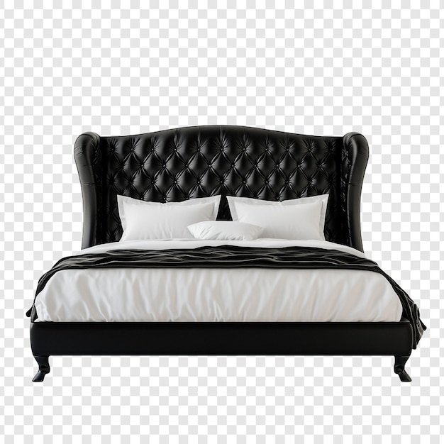 Elegante cama de cuero negro con sábanas blancas