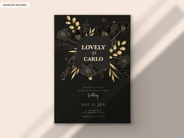 elegante carta di invito a nozze di lusso con fiori dorati