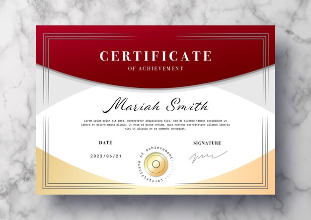 Elegante certificado de logros con detalles en rojo y dorado.