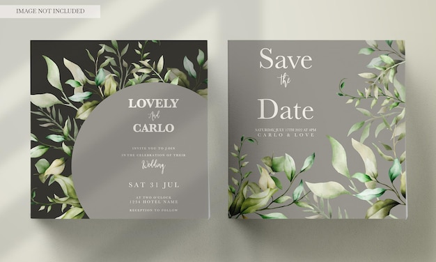 Elegante conjunto de tarjetas de invitación de hojas de acuarela