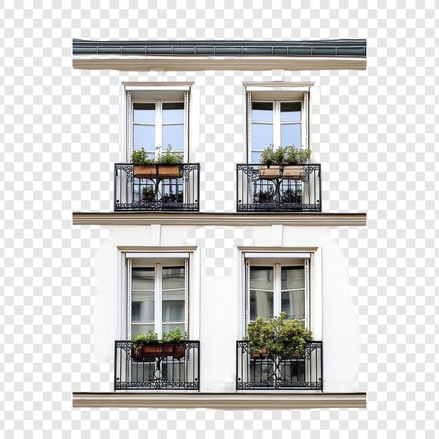 Elegante fachada de un edificio de apartamentos parisiense con cajas de flores