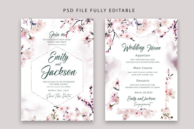 elegante flor acuarela PSD invitación de boda floral