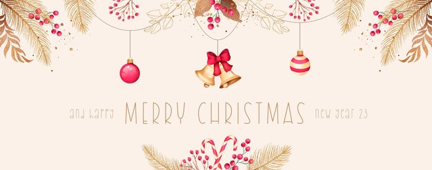 Elegante fondo navideño con naturaleza acuarela y adornos