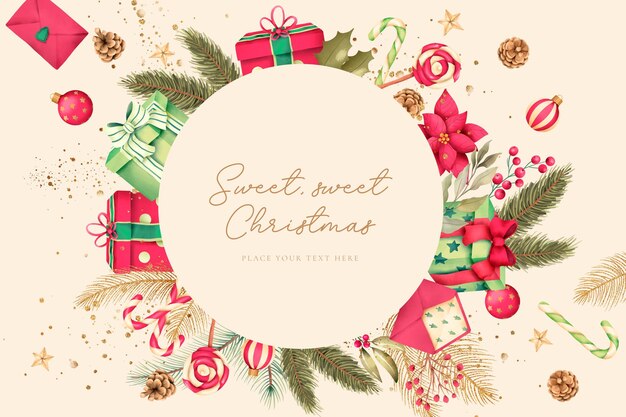 Elegante fondo navideño con naturaleza acuarela y adornos