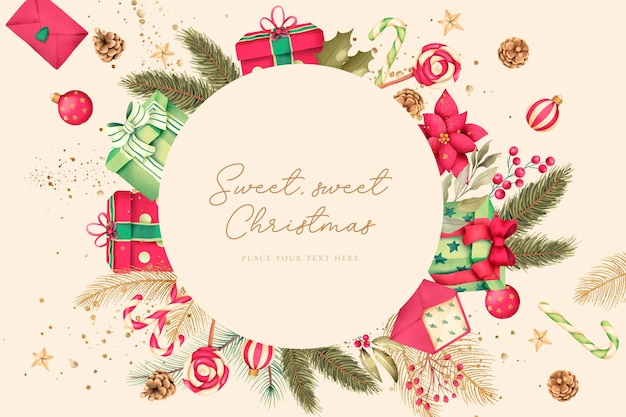 Elegante fondo navideño con naturaleza acuarela y adornos