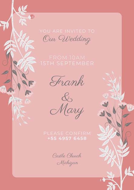 Elegante invitación rosa con flores ornamentales blancas