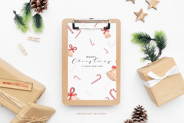 Gratis PSD elegante kerstmap met pakketjes en houten sterren