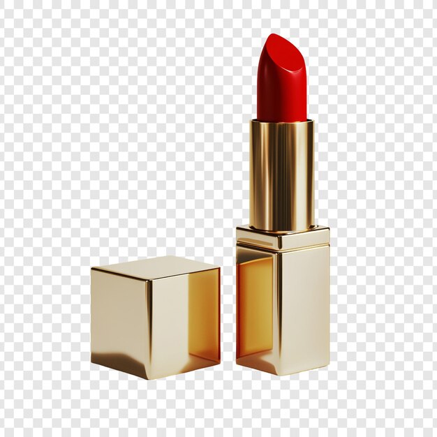 Elegante lápiz labial rojo en embalaje dorado Un lujoso producto de belleza filmado contra un fondo transparente El lápiz lipstick se muestra abierto con su caja dorada