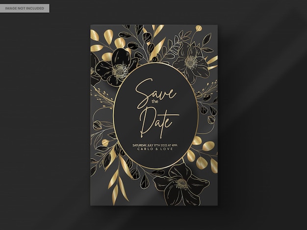 Gratis PSD elegante luxe bruiloft uitnodigingskaart met gouden bloemen