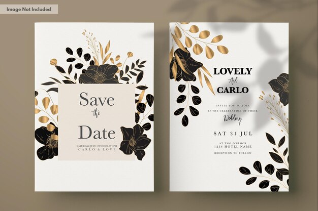 elegante minimalistische huwelijksuitnodigingskaart met luxe gouden bloemen