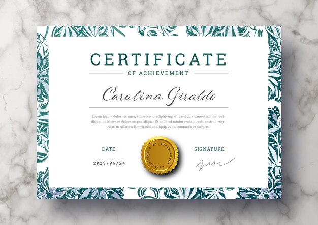 Elegante plantilla de certificado con marco floral de época