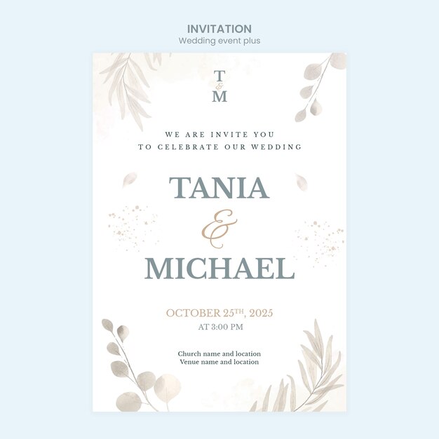 Elegante plantilla de invitación de boda con vegetación