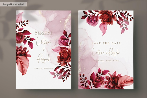 PSD gratuito elegante plantilla de tarjeta de invitación de boda floral granate rojo