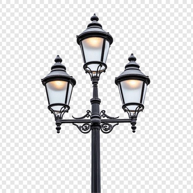 Elegante poste de lámpara de calle triple diseño clásico iluminación urbana encanto vintage paisaje urbano detalle