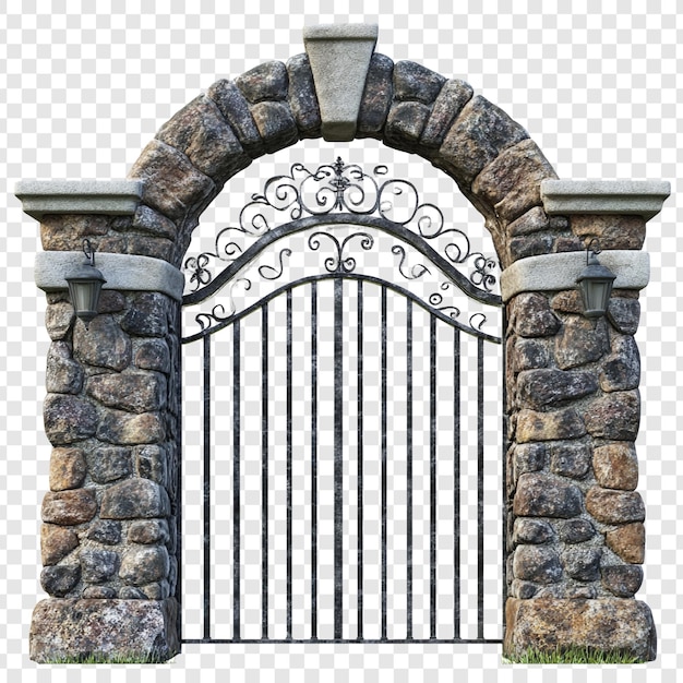 Elegante puerta de arco de piedra con ornamentación de hierro