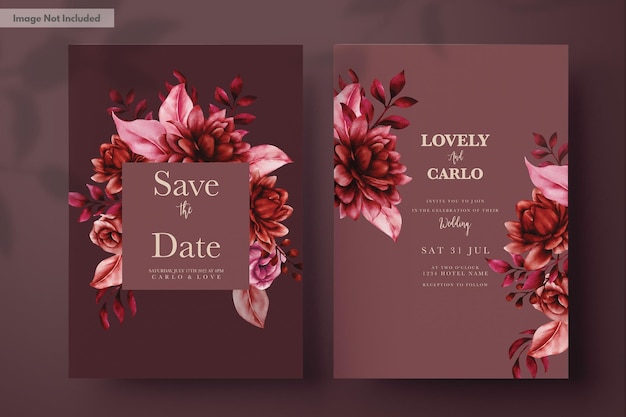 Gratis PSD elegante rode kastanjebruine bloemen bruiloft uitnodiging kaartsjabloon