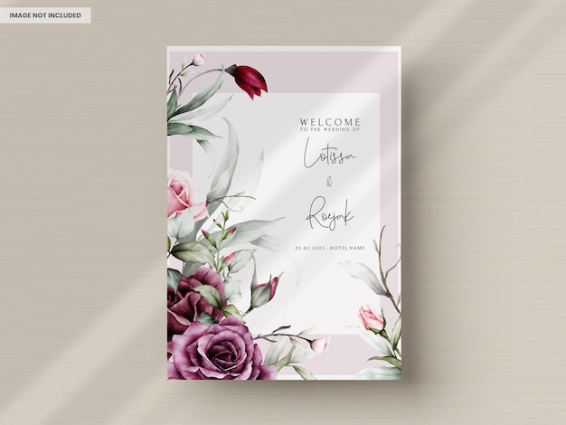 Gratis PSD elegante rode rozen aquarel bruiloft uitnodiging kaartenset