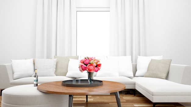 Elegante sala de estar con sofá blanco y mesa central.