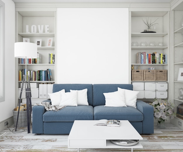 PSD gratuito elegante sala de estar con sofá y maqueta de pared