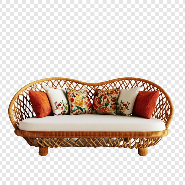 Elegante sofá de mimbre con almohadas florales