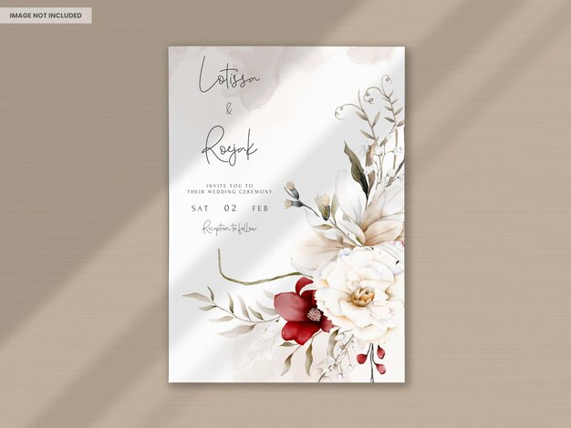 elegante tarjeta de invitación de boda boho con flores secas y flores granate