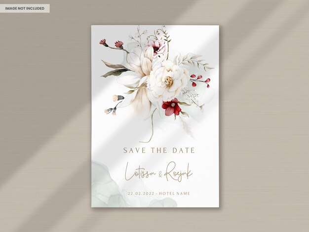 elegante tarjeta de invitación de boda boho con flores secas y flores granate