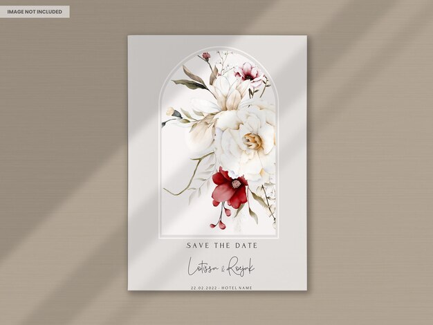 elegante tarjeta de invitación de boda boho con flores secas y flores granate