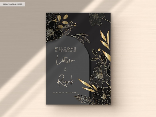 elegante tarjeta de invitación de boda de lujo con flores doradas