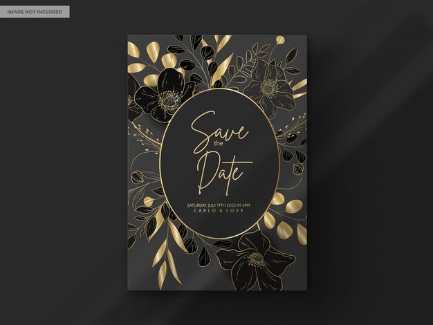 elegante tarjeta de invitación de boda de lujo con flores doradas