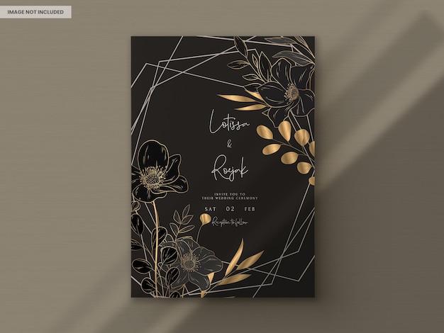 elegante tarjeta de invitación de boda minimalista con flores doradas de lujo
