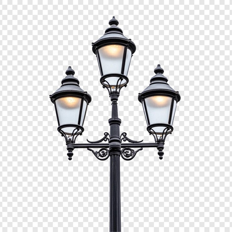 PSD gratuito elegante tripla lampada stradale post design classico illuminazione urbana fascino vintage paesaggio cittadino dettaglio