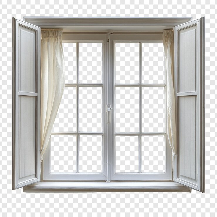 PSD gratuito elegante ventana blanca con persianas abiertas y cortinas transparentes