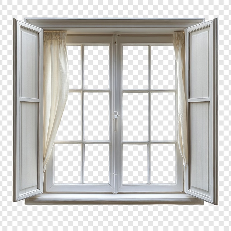 PSD gratuito elegante ventana blanca con persianas abiertas y cortinas transparentes