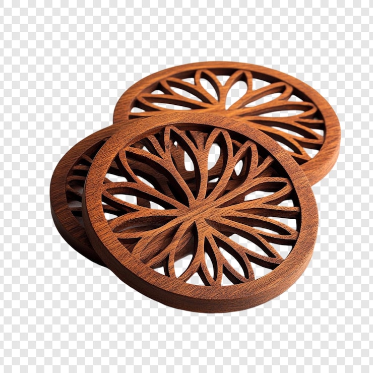 PSD gratuito eleganti sottobicchieri di legno con intricato disegno floreale tagliato al laser