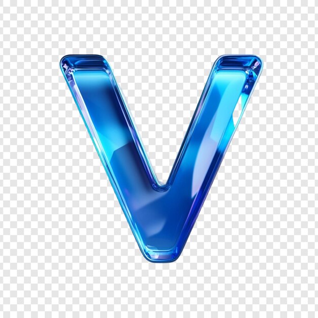 Elemento de diseño de la fuente del alfabeto de la letra V de vidrio azul brillante