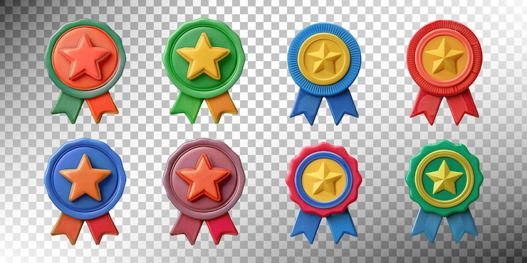 PSD gratuito emblemi colorati con stelle e nastri su uno sfondo trasparente