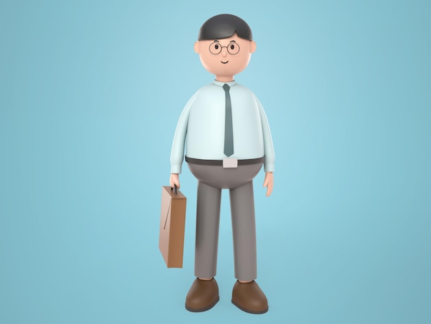 Empresario de personaje de dibujos animados de ilustración 3d con gafas sosteniendo maletín, renderizado