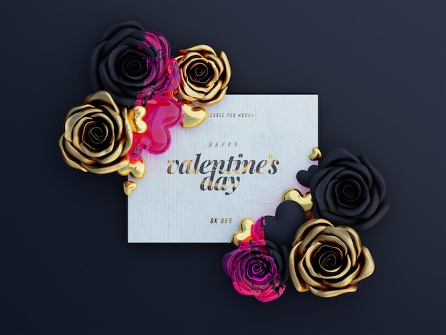 Encantadora maqueta de tarjeta de felicitación decorada con lindas rosas y corazones de amor vista superior escena
