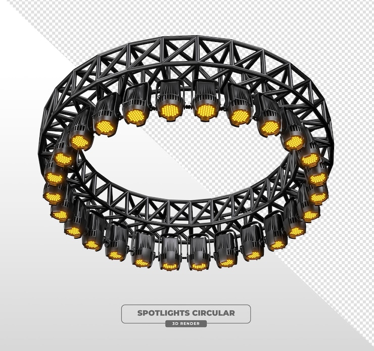 PSD gratuito enorme estructura circular con focos led ámbar colgantes renderizado 3d