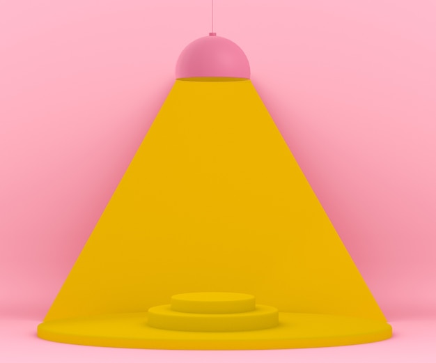 Entorno 3D rosa y amarillo con una lámpara que ilumina una plataforma