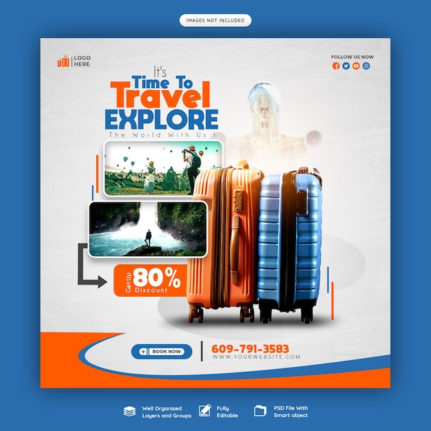 Entrada de Instagram o plantilla de publicación en redes sociales de viajes y turismo