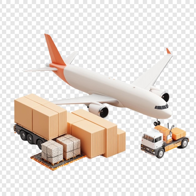Entrega de mercancías por vía aérea, aviones, camiones, paquetes, cajas, transporte y logística