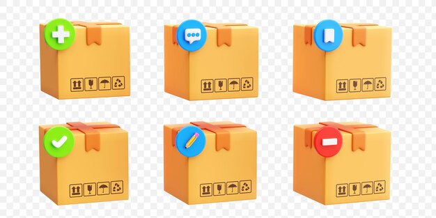 Envasado caja de cartón Iconos conjunto de entrega Concepto de envasado Ilustración de fondo 3D interactiva